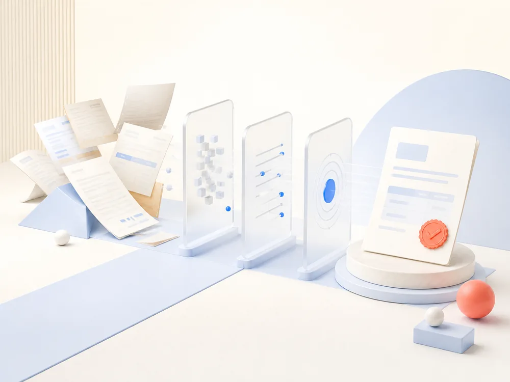Documents passing through calm validation gates into a verified record
